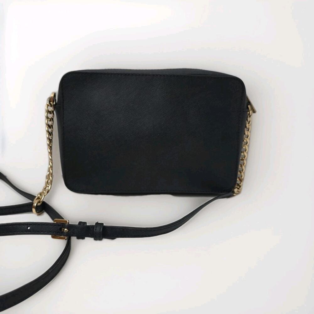 Michael Kors Black Saffiano Leather Crossbody Bag Gold Chain Strap Zip Top Clean - Picture 2 of 9